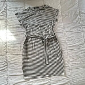 Grey and white striped pocket belt dress